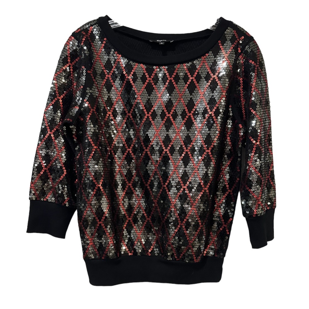 Express Harlequin Argyle Pattern Sequin 3/4 Length Sleeve Top Size S